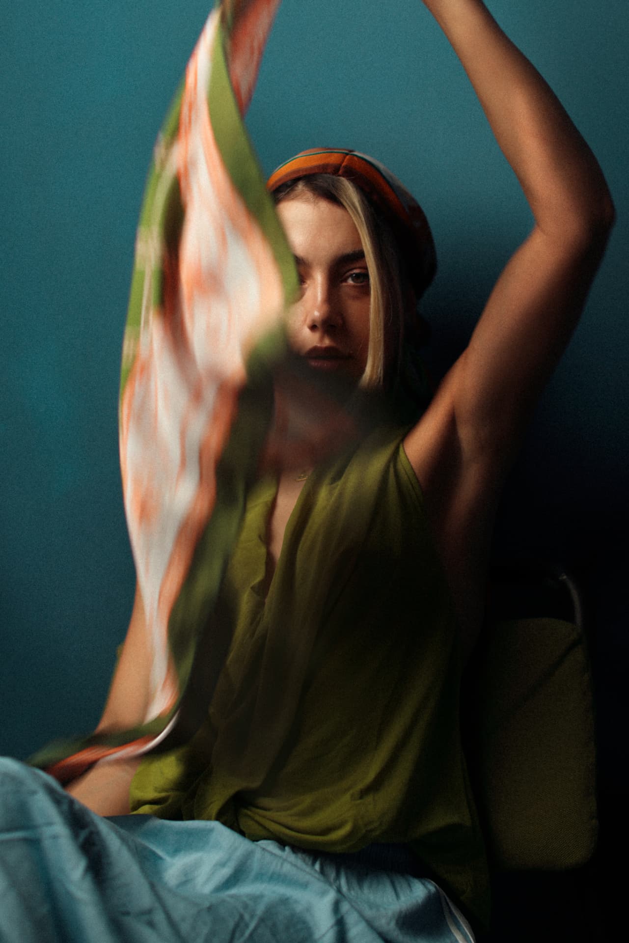 Portrait with flowing silk scarf in motion